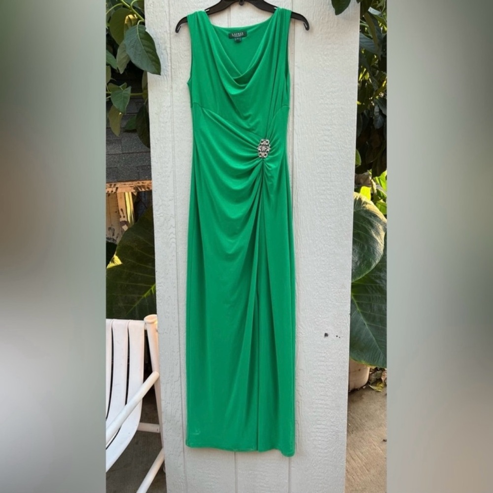 Ralph Lauren Evening gown green ruched brooch cowl neckline